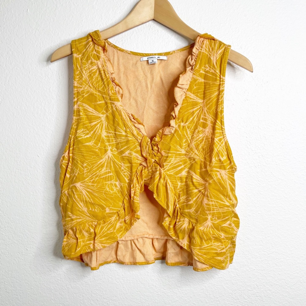 O'Neill Womens Mustard Yellow Tropical Leaf Ruffle Trim Crop Top Tank XL